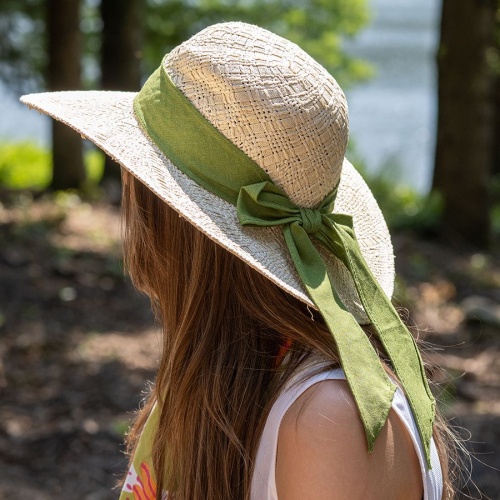 Cream Sun Hat with Green Ribbon by Peace of Mind